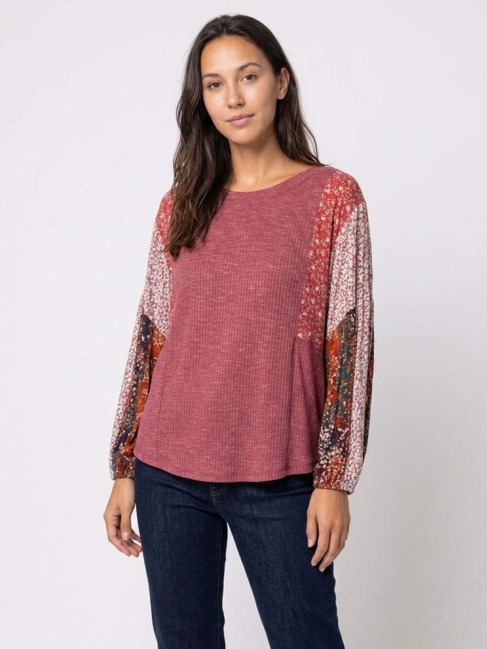 Gigio USA Womens Mixed Media Ribbed Knit Top with Floral Bell Sleeves